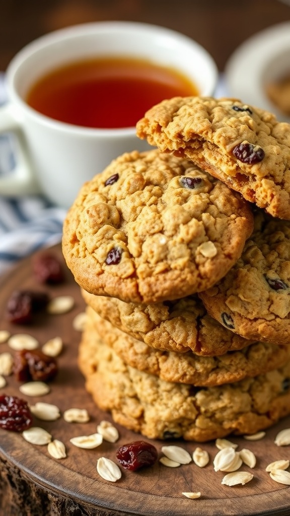 Chewy Oatmeal Raisin Cookie Recipe A stack of chewy oatmeal raisin cookies on a wooden plate, surrounded by oats and raisins.